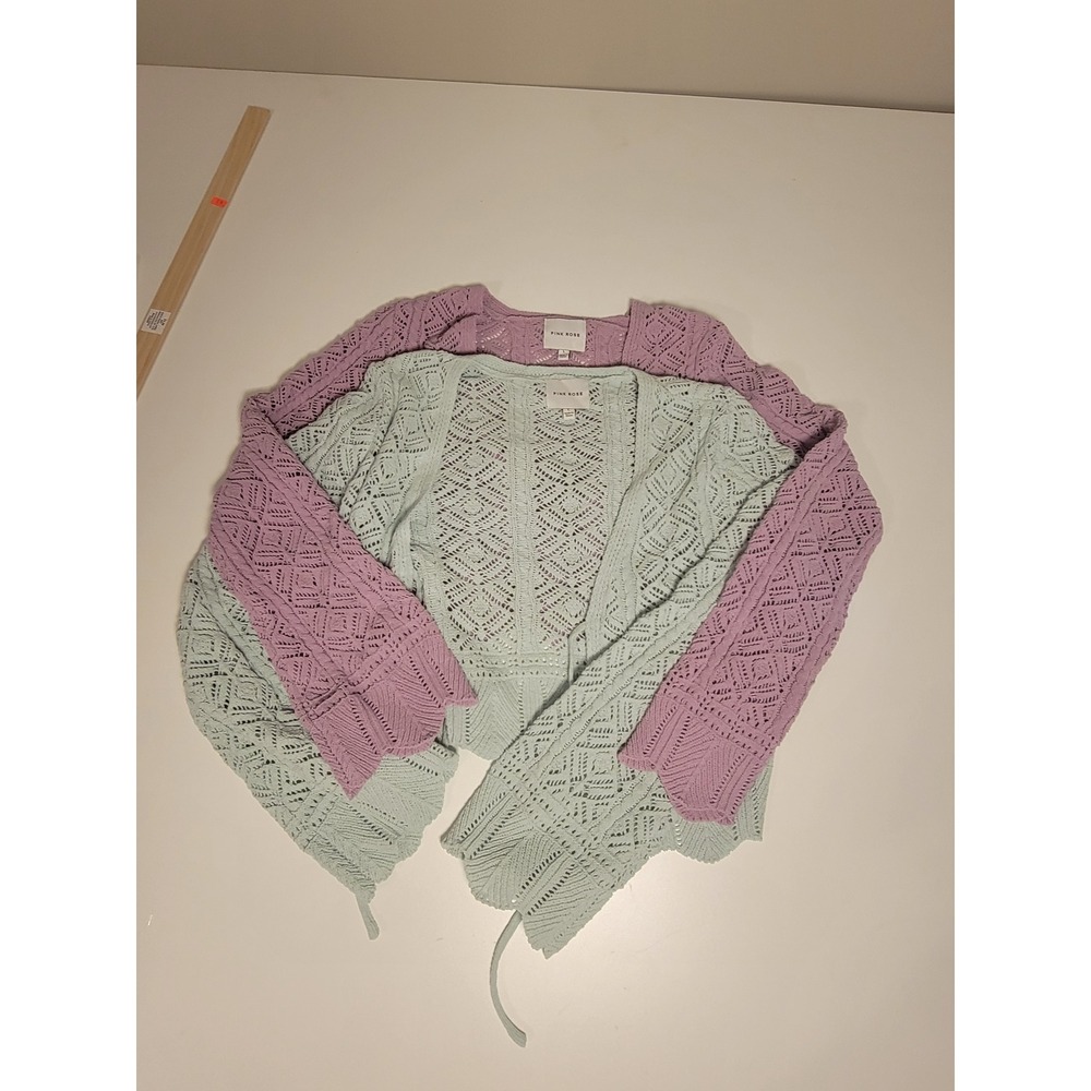 Pink Rose Pointelle Knit Tie Front Cropped Cardigan Set Lavender Mint Green L